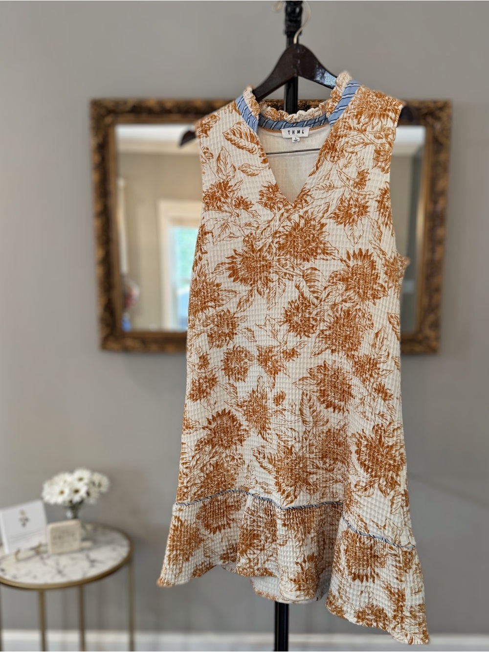 THML Cream and Tan Floral Mini Dress Lined - Perfect for transition to Fall